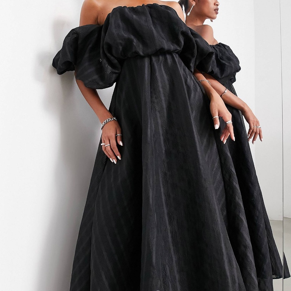 ASOS EDITION puff off-shoulder midi dress in black